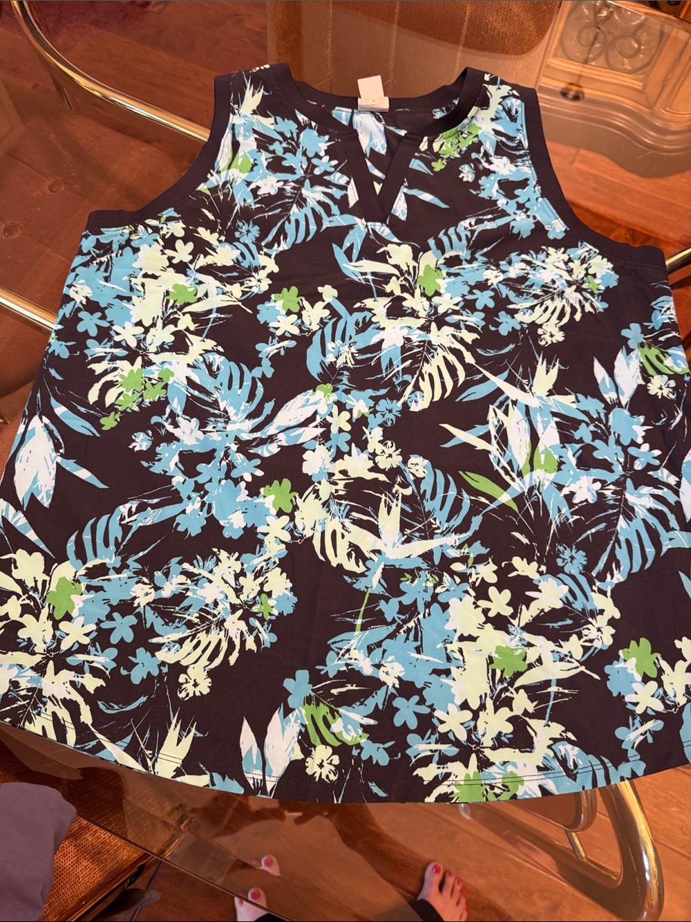 Chico's Navy Floral Sleeveless Tank with Blue & Green Accents